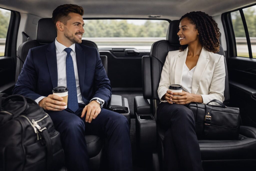 Two passengers chatting inside a car