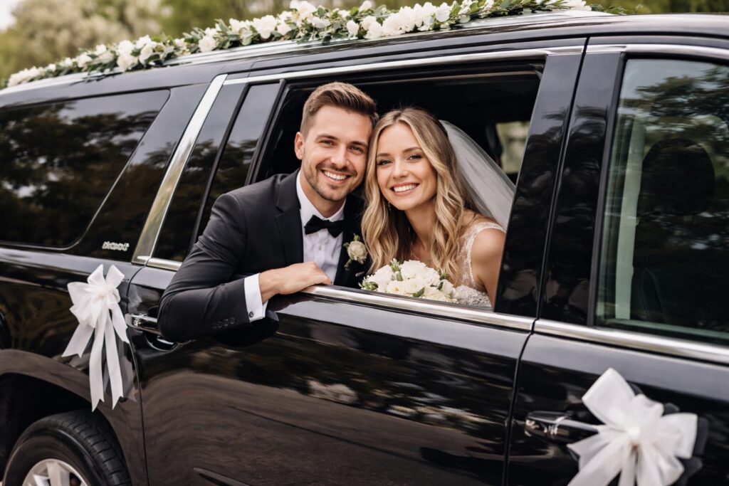 Couples inside the car during wedding